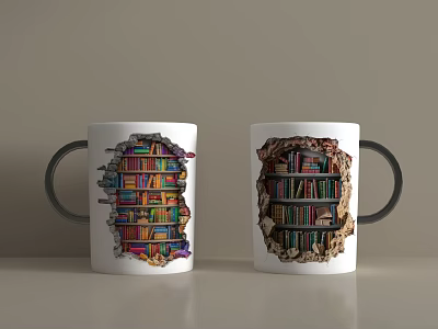 Unique Ceramic Tea Mugs With Hole Design Showing Colorful Books On Shelves 3d model