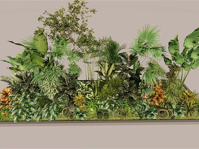 Lush Green Plant Landscape With Various Tropical Foliage And Orange Flowers 3d model