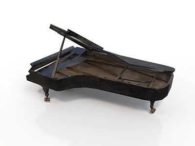 Black Grand Piano With Open Lid Wooden Structure And Wheels As Home Living Furniture 3d model