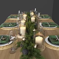 Decorative Ornament Set Featuring Candles Pinecones Green Napkins Wine Glasses And Cutlery