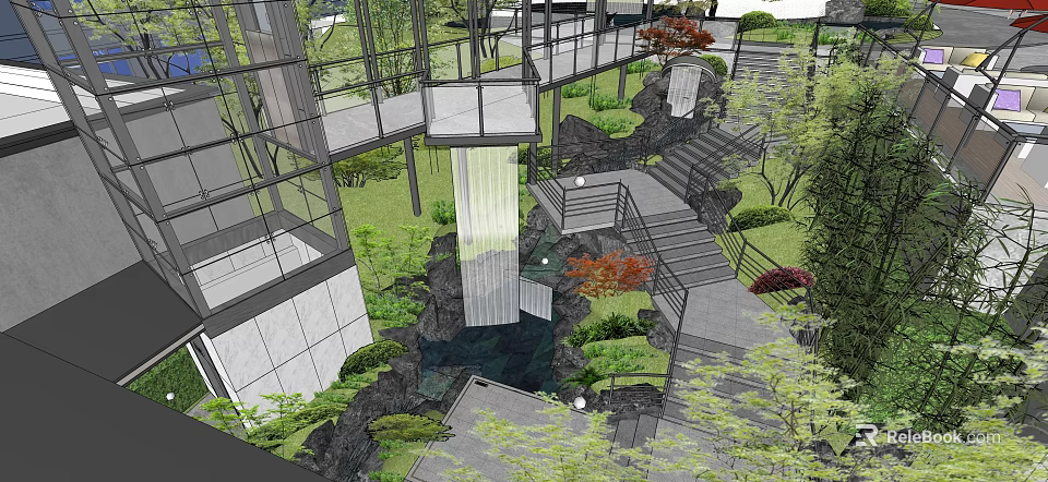 Modern Garden Landscape with Waterfall Stairs Green Plants and Glass Structures 3d model 