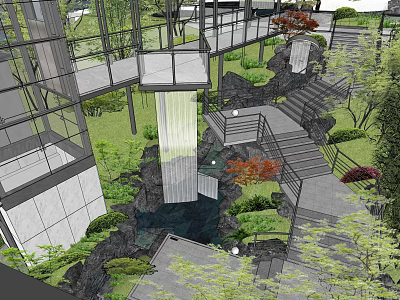 Modern Garden Landscape with Waterfall Stairs Green Plants and Glass Structures 3d model