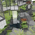 Modern Garden Landscape with Waterfall Stairs Green Plants and Glass Structures