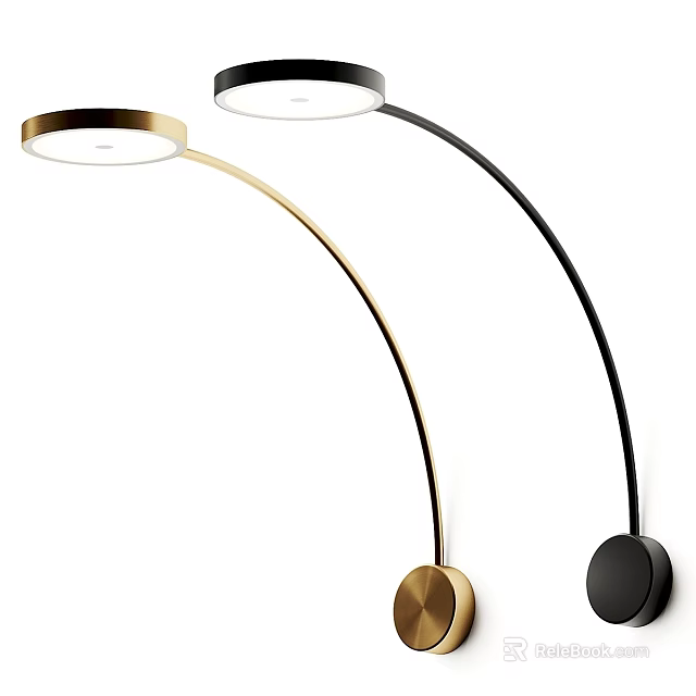 Modern Curved Arm Wall Lamp With Gold And Black Metal Round Base And Shade 3d model 
