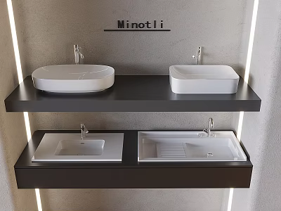 Minotli Modern White Washbasins On Black Double Tiered Shelf With Faucets 3d model