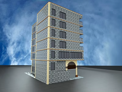 Detached Villa Featuring Gray Brick Exterior Multi Story Structure Multiple Windows Balconies And Arched Entrance 3d model