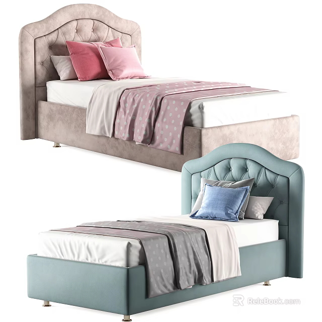 Elegant Modern Single Bed with Tufted Headboard Soft Bedding and Colored Pillows 3d model