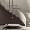 Modern Spiral Staircase With Hanging Pendant Lights Gold Decor And Gray White Tones