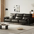 Modern Living Room Black Leather Three Seater Sofa with Plaid Cushion Wall Art Floor Lamp