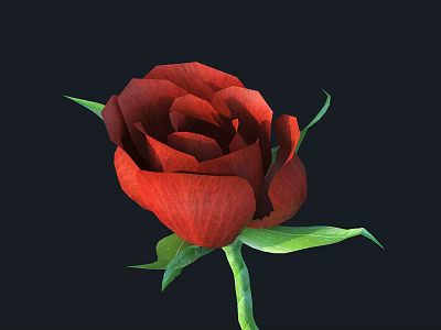 Beautiful Red Rose With Fresh Green Leaves And Stem On Black Background 3d model