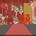 Traditional Chinese Wedding Decor With Red Carpet Double Happiness Character And Floral Arrangements