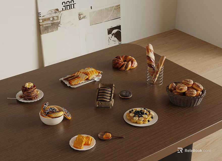 Delicious Assorted Food Display on Wooden Table with Baguette Cake Cookies Fruit Platter and Dip 3d model 