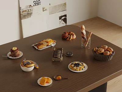 Delicious Assorted Food Display on Wooden Table with Baguette Cake Cookies Fruit Platter and Dip 3d model