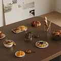 Delicious Assorted Food Display on Wooden Table with Baguette Cake Cookies Fruit Platter and Dip