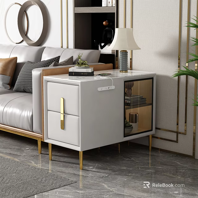 Elegant Modern White Console Table With Gold Metal Legs And Glass Door Design 3d model 