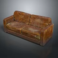 Brown Leather Double Sofa With Distressed Vintage Design And Comfortable Seats