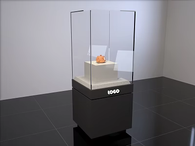 Transparent Glass Display Shelf Gray Base TOKO Logo Showcasing Small Orange Item 3d model