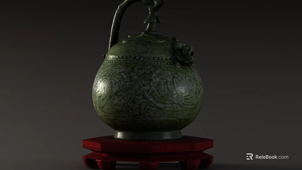 Ancient Bronze Teapot With Intricate Carvings On Red Wooden Stand 3d model 