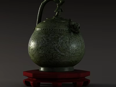 Ancient Bronze Teapot With Intricate Carvings On Red Wooden Stand 3d model