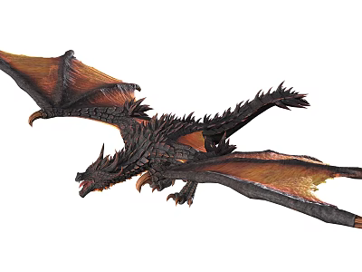 Mythical Dragon With Black And Orange Outstretched Wings Spikes And Scales Flying Pose 3d model