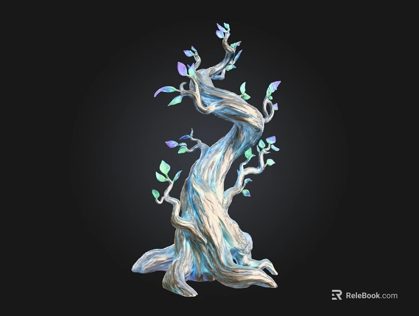 Artistic Decorative Arbor Tree With Twisted Trunk Unique Texture And Green Purple Leaves 3d model 