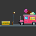 Pink Ice Cream Truck With Colorful Cones Near Yellow Fence And Sandbox