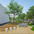 School Campus Outdoor Green Space With Trees Circular Structures Blue Installation And Seating Areas 3d model