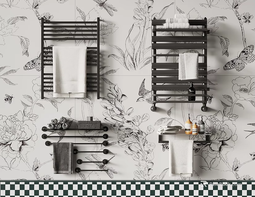 Stylish Bathroom Towel Racks With Towels On Floral Butterfly Wallpaper And Checkered Floor 3d model 