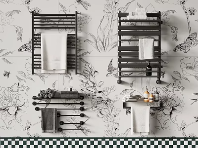 Stylish Bathroom Towel Racks With Towels On Floral Butterfly Wallpaper And Checkered Floor 3d model