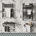 Stylish Bathroom Towel Racks With Towels On Floral Butterfly Wallpaper And Checkered Floor