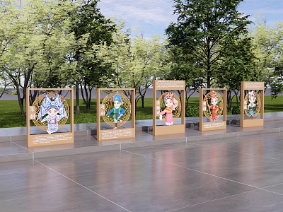 Colorful Character Themed Outdoor Landscape Sculptures With Wooden Frames In Park 3d model