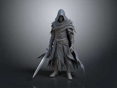 Medieval Style Man In Gray Hooded Tattered Cloak Holding Long Sword Standing 3d model