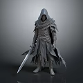 Medieval Style Man In Gray Hooded Tattered Cloak Holding Long Sword Standing