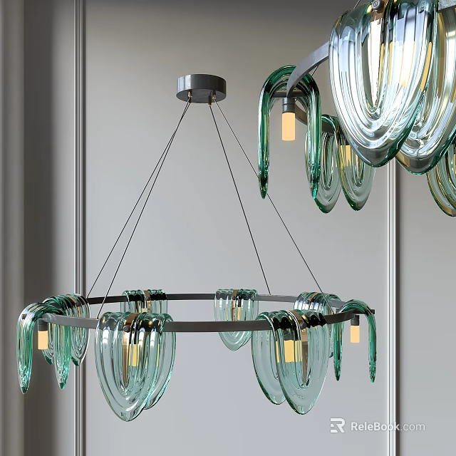 Modern Curved Glass Chandelier With Green Ring Design And Gold Light Bulbs 3d model 