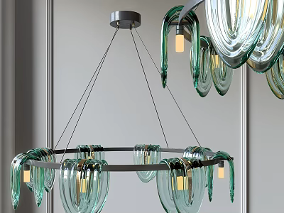 Modern Curved Glass Chandelier With Green Ring Design And Gold Light Bulbs 3d model