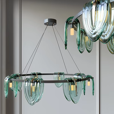 Modern Curved Glass Chandelier With Green Ring Design And Gold Light Bulbs 3d model