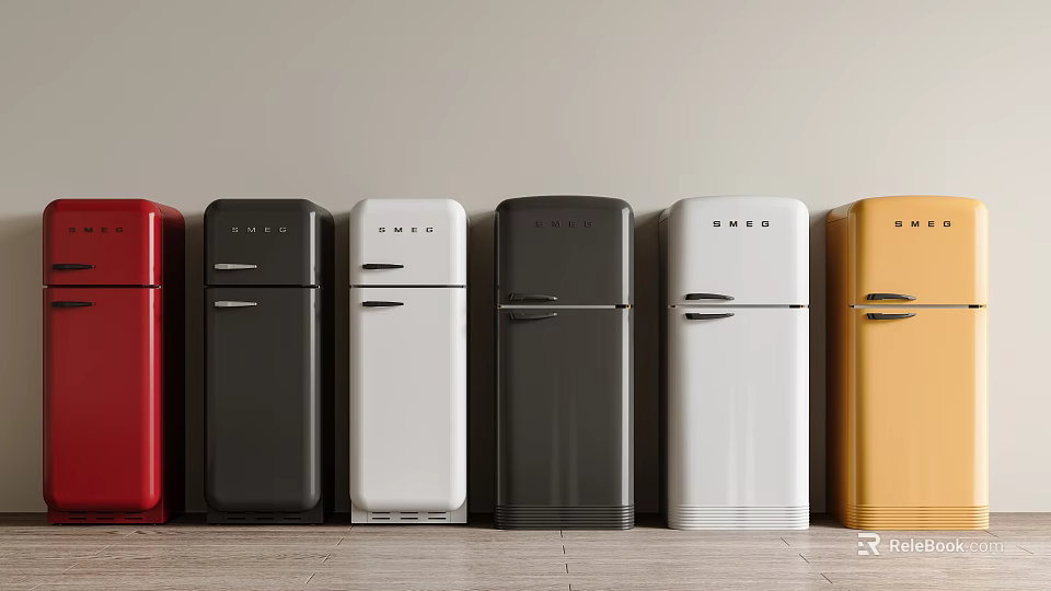 Colorful Vintage Refrigerators in Red Black White Dark Gray Yellow Row 3d model 