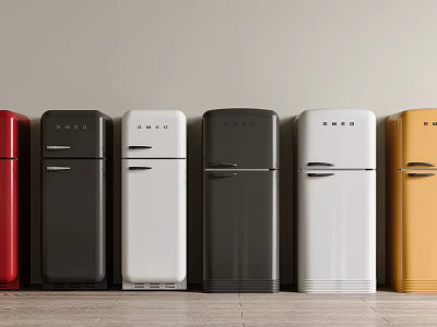 Colorful Vintage Refrigerators in Red Black White Dark Gray Yellow Row 3d model