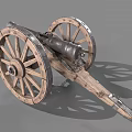 Antique Cannon Weapon With Wooden Wheels Metal Barrel And Cannonballs