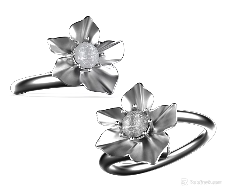 Elegant Silver Flower Shaped Rings With Central Gemstone And Petal Design 3d model 