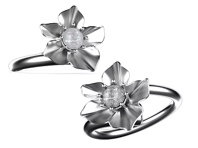 Elegant Silver Flower Shaped Rings With Central Gemstone And Petal Design 3d model