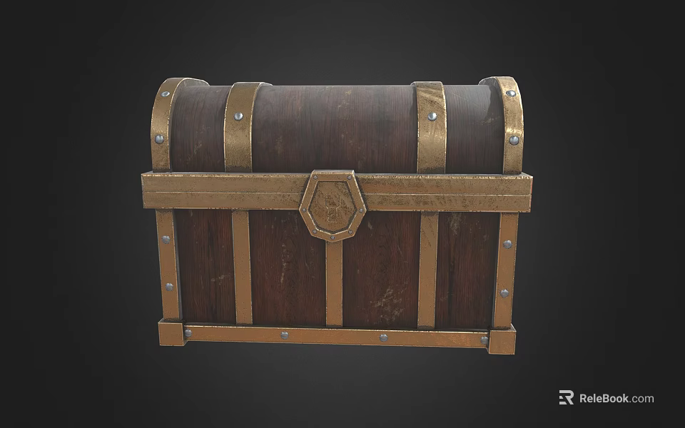 Vintage Wooden Chest With Golden Metal Straps And Decorative Lock Details 3d model 
