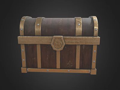 Vintage Wooden Chest With Golden Metal Straps And Decorative Lock Details 3d model