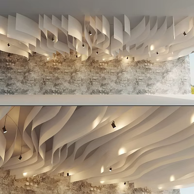 Modern Ceiling Design With Curved Wave Pattern And Recessed Lighting For Interior 3d model