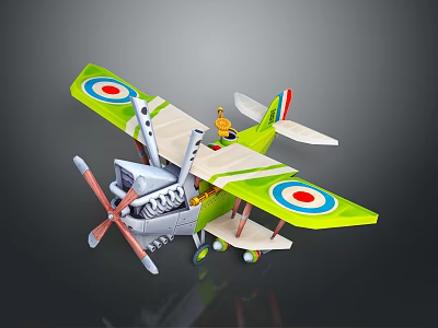 Green Biplane with Red and Blue Target Symbols Propeller and Yellow Figure Piloting 3d model