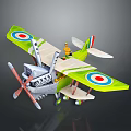 Green Biplane with Red and Blue Target Symbols Propeller and Yellow Figure Piloting