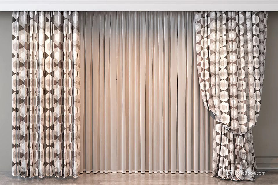 Stylish Geometric Pattern Curtains With Solid Color Sheer For Home Interior Decor 3d model 