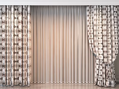 Stylish Geometric Pattern Curtains With Solid Color Sheer For Home Interior Decor 3d model