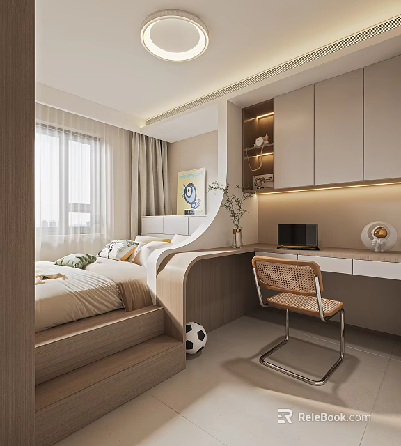 Modern Tatami Bedroom Interior With Tatami Bed Window Curtains Desk Chair Shelves And Lighting 3d model 