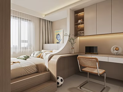 Modern Tatami Bedroom Interior With Tatami Bed Window Curtains Desk Chair Shelves And Lighting 3d model